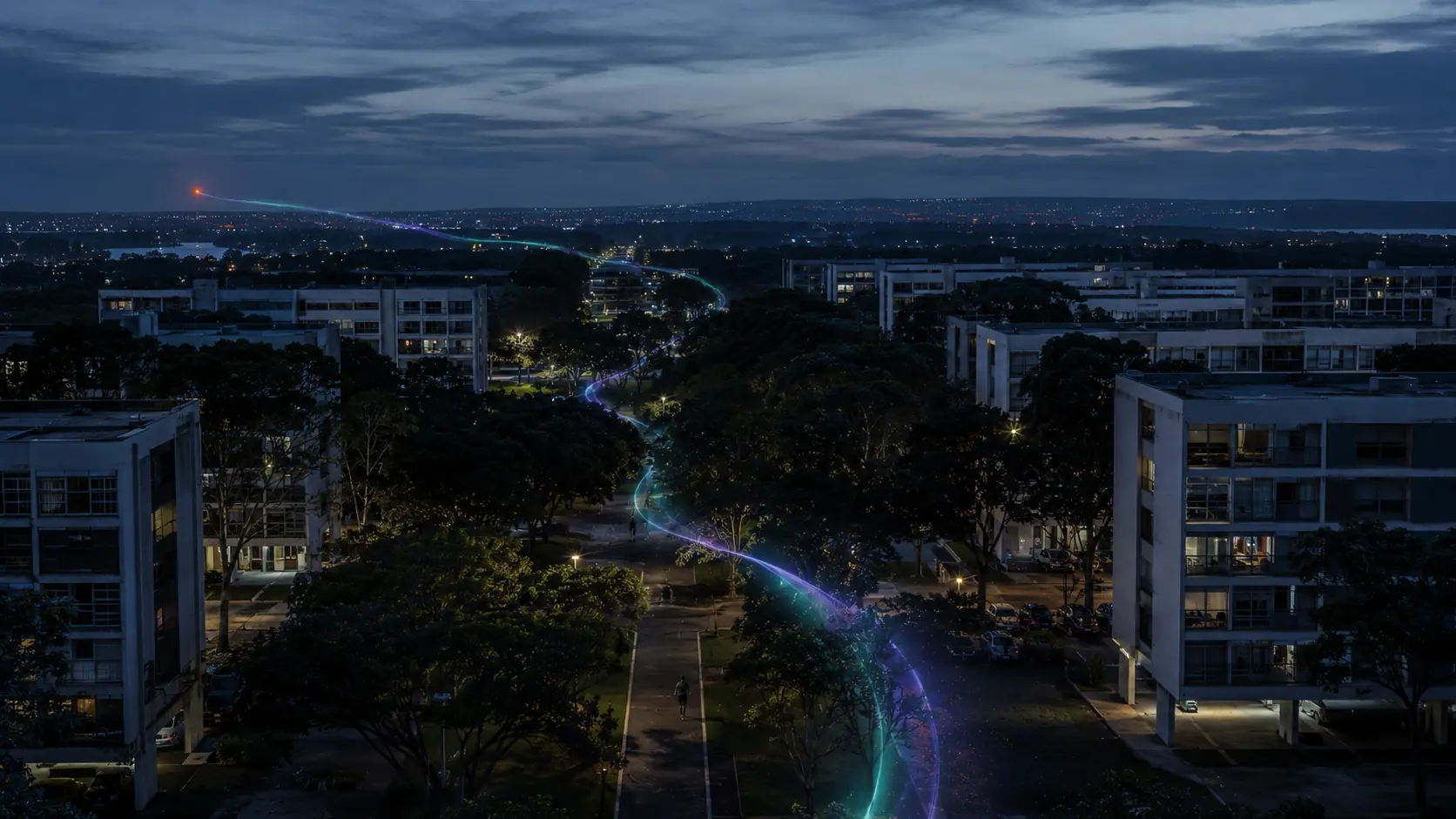 Orion: trilha luminosa percorrendo a cidade